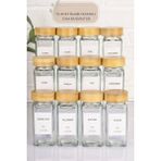 Mediterian 12'li Bambu Kapaklı Cam Kare Baharatlık Takımı, Şık ve Pratik Serpme Set, 120 ml - Şeffaf - 1 lt