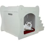 Mediterian Beyaz Ahşap Kedi Yatağı 50x35 cm, Parlak Boyalı Merdivenli Tasarım