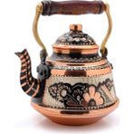 Mediterian El İşlemeli Bakır Demlik 1,6L Siyah Nostaljik Çaydanlık ve Su Isıtıcı - Ahşap Rengi