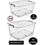 Mediterian Tekerlekli Saklama Kabı 2'li Set 50 lt ve 70 lt Büyük Boy Tekerlekli Saklama Kutusu Depolama Oyunca - 100 ml - Şeffaf