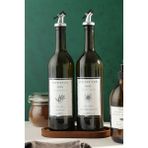 Mediterian Yeşil Ahşap Standlı 2'li 750 ml Zeytinyağı ve Çiçek Yağı Şişesi Seti