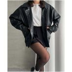 Meecy Unisex Oversize Vintage Siyah Deri Ceket - XL