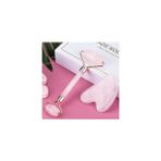 Mega Awm Pembe Kuvars Jade Face Roller ve Pembe Kuvars Kalp Gua Sha Yüz Masaj Taşı Premium Set