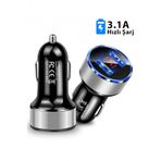 Mega Oto Market Cakmaklik Oto Arac Hizli Sarj Aleti 3.1A Usb Cift Girisli Siyah Led Ekranli