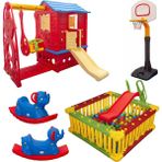 Mega Oyun Seti - Kaydıraklı Salıncaklı Oyun Evi + Top Havuzu Seti + Basket Potası + 2 Sallanan Fil - Kırmızı