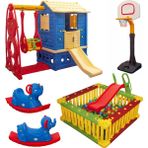 Mega Oyun Seti - Kaydıraklı Salıncaklı Oyun Evi + Top Havuzu Seti + Basket Potası + 2 Sallanan Fil - Mavi