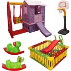 Mega Oyun Seti - Kaydıraklı Salıncaklı Oyun Evi + Top Havuzu Seti + Basket Potası + 2 Sallanan Fil - Mor