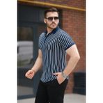 Meğdaix Erkek Çizgili Fermuar Yakalı Kısa Kollu Tişört - Lacivert-Beyaz - 2XL