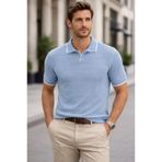 MEĞDAİX Erkek Triko Kumaş Yakalı Düğmesiz Açık Yaka Fitilli Kısa Kollu Regular Fit Tişört T-shirt -