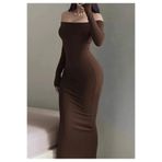 MEGOMEL Omzu Açık Uzun Kollu Vücuda Oturan Maxi Boy Elbise