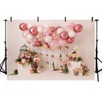 MEHOFOND 7x5ft Kız Doğum Günü Fotoğraf Fonu Pembe Çiçek Balonlar Yenidoğan Fotoğraf Donanımı Kuş Kafesi Çiçek Bebek Portre Bahar Parti Arka Plan Dekorasyon Pasta Şut Fotoğraf Çekimi Stüdyosu