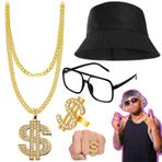Meiruier 4 ADET Hip Hop Kostümü, 80'ler/90'lar Hip Hop Fantezi Aksesuarlar, Karnaval Partisi Sahte Altın Zincir Bileklik, Sahte Dolar Burcu Kolye, Hip Hop Yüzüğü, Hippi Rapçi Disko Kıyafeti için Disko Hippi