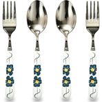 MEIYAHOME 8 inç (20 cm) Biftek Yemek Çatalı, Soyut Mavi Çiçek El Boyalı Seramik Sap 18-10 Paslanmaz Çelik Masa Çatalı, Ev ve Otel Kullanımı için Dayanıklı Metal Çatal (2 Çatal + 2 Kaşık)