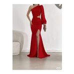 Mekafashion Lilas Bel Dekolteli Tek Kol Yırtmaçlı Abiye 582286 Kırmızı 749