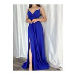 Mekafashion Talia Ip Askı Kruvaze Yaka Yırtmaçlı Abiye 582189 Saks Mavisi
