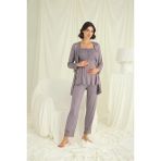 Meks Dantelli Önü Düğmeli Hamile Lohusa 3'lü Pijama Takımı