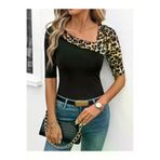MEKs MEKs-69d3cc54cc852 Kadın Kısa Kollu Asimetrik Kesim V Detaylı Leopar Desenli Viskon Bluz