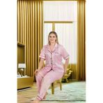MEKs MEKs-ACLD-16156 Büyük Beden Şık Tasarım Pembe Çizgili Düğmeli Kısa Kol Lüx Saten Pijama Takımı