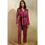 MEKs MEKs-ACMAN9765 Saten Çizgili Düğmeli Uzun Kol Dantelli Gömlek Ve Pantolon Pijama Takım (9765)