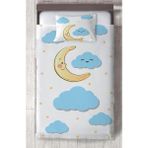 Mekta Home Bebek ve Çocuk Odası Ay Dede ve Bulut Desenli Yatak Örtüsü - Renkli - 140 x 220 cm