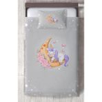 Mekta Home Bebek ve Çocuk Odası Aya Sarılan Unicorn Desenli Gri Yatak Örtüsü - Renkli - 140 x 220 cm