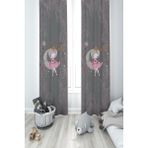Mekta Home Bebek ve Çocuk Odası Ayda Oturan Kız Pembe Motifli Gri 2 Kanat Fon Perde - 70 x 270 cm - Renkli