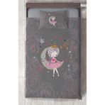 Mekta Home Bebek ve Çocuk Odası Ayda Oturan Kız Pembe Motifli Gri Yatak Örtüsü - Renkli - 140 x 220 cm