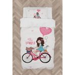 Mekta Home Bebek ve Çocuk Odası Bisikletli Kız ve Kalpli Balon Desenli Nevresim Takımı - Renkli - 160 x 230 cm