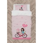 Mekta Home Bebek ve Çocuk Odası Bisikletli Kız ve Kalpli Balon Desenli Pembe Nevresim Takımı - Renkli - 160 x 230 cm