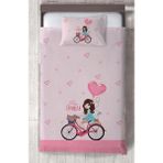 Mekta Home Bebek ve Çocuk Odası Bisikletli Kız ve Kalpli Balon Desenli Pembe Yatak Örtüsü - Renkli - 140 x 220 cm