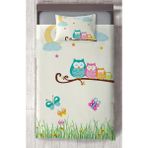 Mekta Home Bebek ve Çocuk Odası Küçük Baykuşlar ve Çimen Desenli Yatak Örtüsü - Renkli - 140 x 220 cm