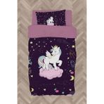 Mekta Home Bebek ve Çocuk Odası Pembe Bulut Üzerinde Unicorn Desenli Mor Nevresim Takımı - Renkli - 160 x 230 cm