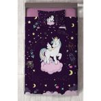 Mekta Home Bebek ve Çocuk Odası Pembe Bulut Üzerinde Unicorn Desenli Mor Yatak Örtüsü - Renkli - 140 x 220 cm