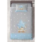 Mekta Home Bebek ve Çocuk Odası Yıldız ve Ayıcık Desenli Mavi Çizgili Yatak Örtüsü - Renkli - 140 x 220 cm