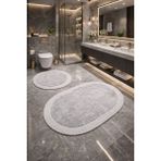 Melena Carpet Premium Kaymaz Taban Peluş Banyo Paspası Seti Jüt Kenar Detaylı 2’li Oval Yuvarlak 100X60 60X60 - Açık Gri - PELUŞ PASPAS