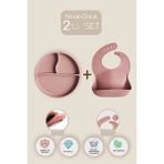 Meleni Baby 2'li Silikon Bebek Beslenme Seti - Vakum Tabanlı Mama Tabağı Ayarlanabilir Mama Önlüğü - Pembe
