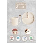 Meleni Baby 2'li Silikon Bebek Beslenme Seti - Vakum Tabanlı Mama Tabağı Çift Kulp Kupa Bardak - Krem