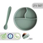Meleni Baby 2'li Silikon Bebek Beslenme Seti - Vakum Tabanlı Mama Tabağı Diş Kaşıyıcılı Silikon Kaşık - Yeşil