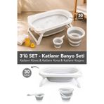 Meleni Baby 3'lü Katlanır Bebek Banyo Seti - Akordiyon Bebek Küveti Su Kovası Maşrapa Seti Gri