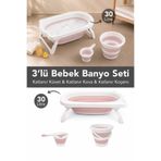 Meleni Baby 3'lü Katlanır Bebek Banyo Seti - Akordiyon Bebek Küveti Su Kovası Maşrapa Seti Pembe
