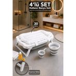 Meleni Baby 4'lü Akordiyon Bebek Banyo Seti - Kaymaz Taban Bebek Küveti Su Kovası Maşrapa Köpük Fileli Gri