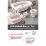 Meleni Baby 4'lü Bebek Banyo Seti - Katlanabilir Kaymaz Taban Küvet Sepet Su Kovası Maşrapa Pembe