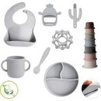 Meleni Baby 8'li Set - Silikon Mama Önlüğü Bardak Vakumlu Tabak Mama Kaşığı 3'lü Dişlik ve Kule Oyuncağı Gri