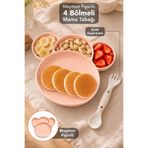 Meleni Baby Maymun Figürlü Beslenme Seti - 4 Bölmeli Kaşık Çatallı Bebek Yemek Kasesi Mama Kabı Pembe