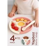 Meleni Baby Puzzle Mama Tabağı Kaşık Seti - Silikon Vakum Tabanlı Yapboz Mama Tabağı Silikon Kaşık - Pembe Bej