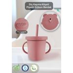 Meleni Baby Sızdırmaz Kapaklı , Silikon Pipetli Bebek Alıştırma Bardağı, Silikon Bebek Beslenme Bardağı- Pembe