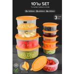 Meleni Home 10'lu Yuvarlak Gıda Saklama Kabı Seti Organizer Düzenleyici Erzak Kabı 6X250 2X600 2X1200ML Turuncu