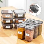 Meleni Home 12 Parça Etiketli Kare Plastik Erzak ve Bakliyat Saklama Kabı ve Baharatlık 6X(300-350 Ml) Antrasit