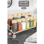 Meleni Home 12'li Bambu Kapaklı Cam Baharatlık Seti - Etiketli Tuzluk Biberlik Köşeli Baharat Takımı 120 ml
