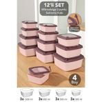 Meleni Home 12'li Kare Çizgili Mikrodalga Kapak Saklama Kabı - 4 Boy Mikrodalgaya Uygun Erzak Gıda Kabı Pembe